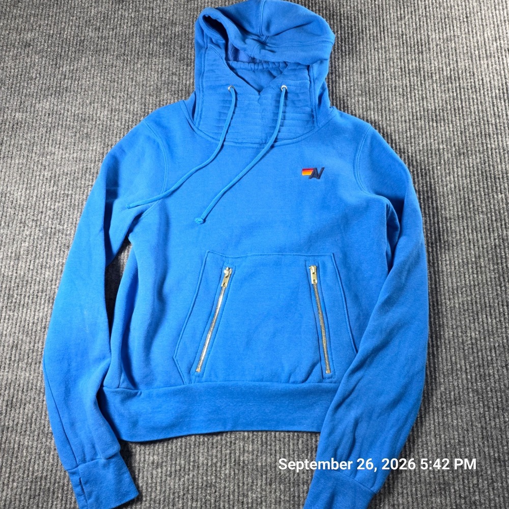 Aviator Nation Blue Zip Pocket Pullover Hoodie XS Rainbow Logo Made in USA